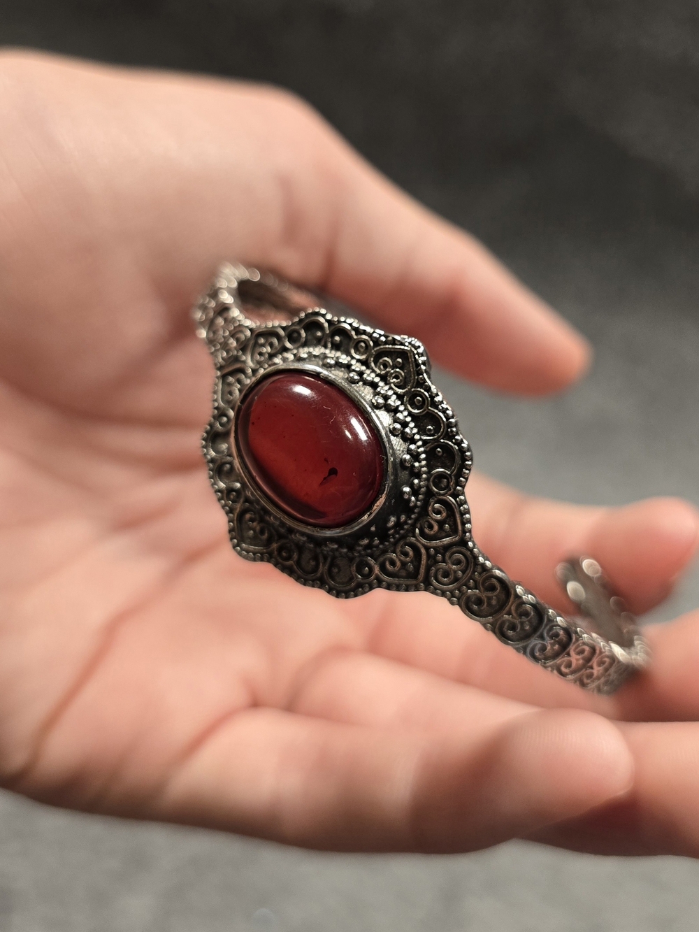 Vintage-Style Cuff Bracelet with Deep Red Faux Stone